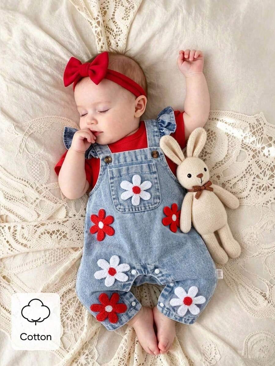 SHEIN Playful Pals 2件組女嬰可愛草莓刺繡圍兜褲,柔軟棉質藍色夏季親子套裝,休閒日常穿著 - 紅色 - 查看 1