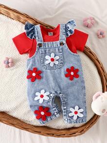 SHEIN Playful Pals 2件組女嬰可愛草莓刺繡圍兜褲，柔軟棉質藍色夏季親子套裝，休閒日常穿著 - 紅色 - 查看 4