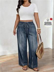 Lounesse Plus Size Casual Denim Effect Printed Pants Fall - Blue - View 2