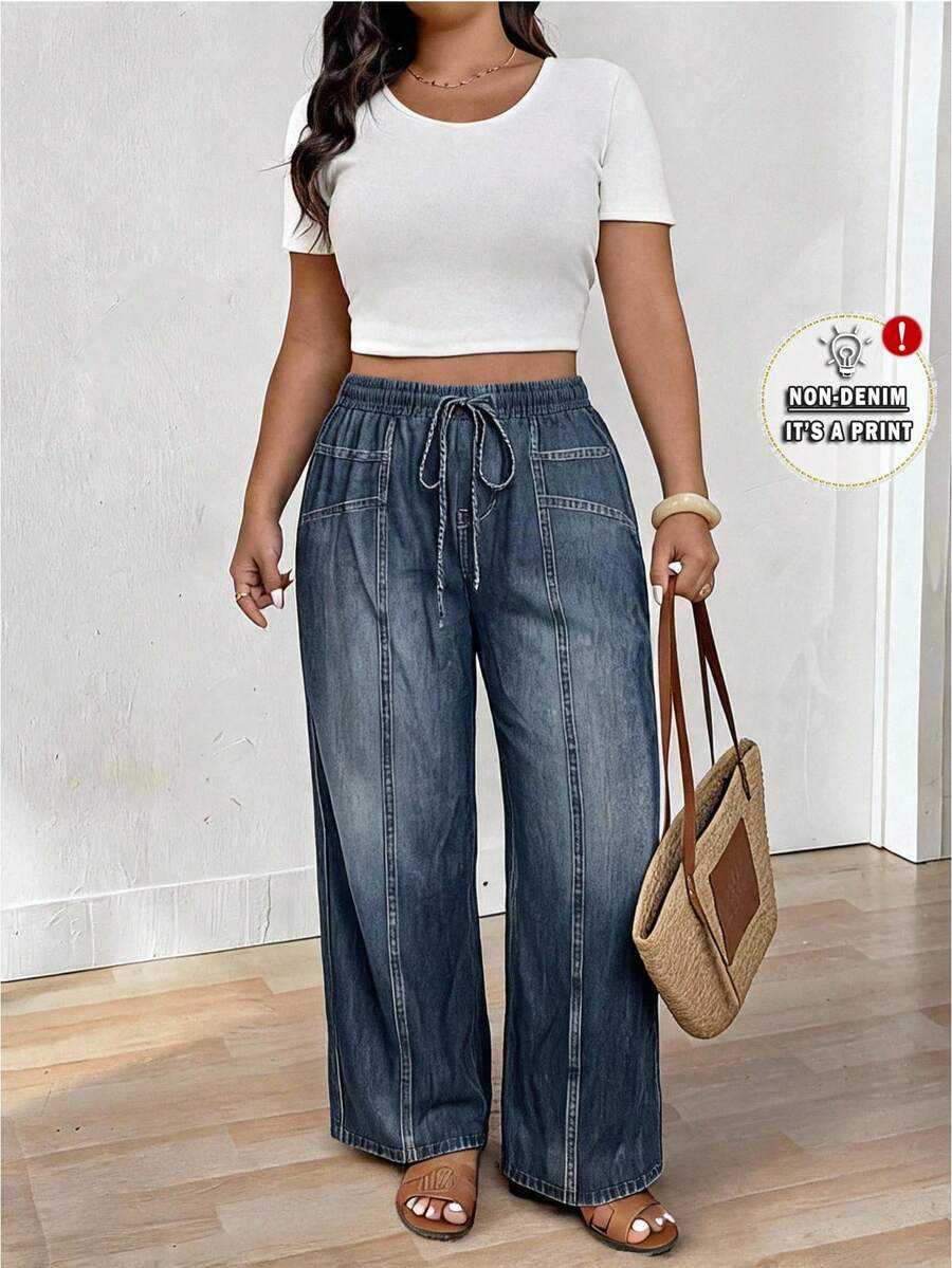 Lounesse Plus Size Casual Denim Effect Printed Pants Fall