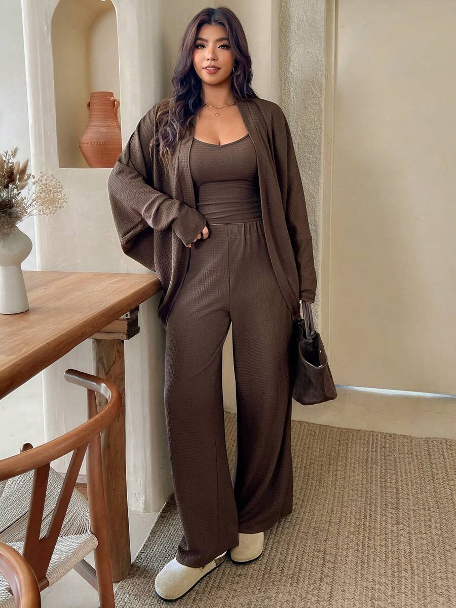 SHEIN Frenchy Plus Size Women Solid Color Batwing Long Sleeve Cardigan, Camisole And Pants Casual Set