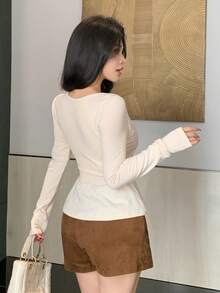 DAZY Atasan Wanita Lengan Panjang Slim Fit 2 In 1 dengan Renda Kontras, Elegan, Seksi, Cocok untuk Liburan Musim Semi dan Gugur - Aprikot - View 9