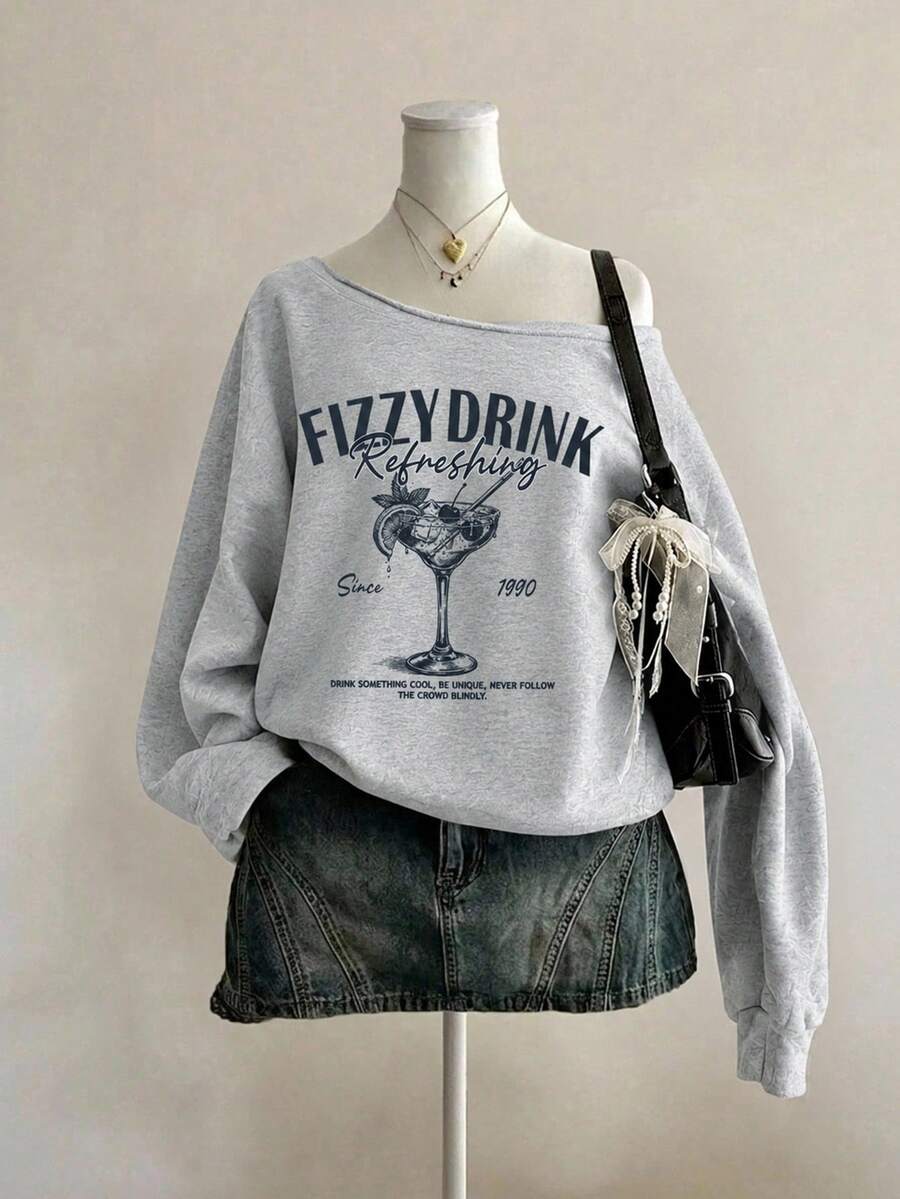 Sweatshirt Lengan Panjang Kasual Longgar Model Off-Shoulder untuk Remaja Perempuan di Musim Gugur - MultiWarna - View 1