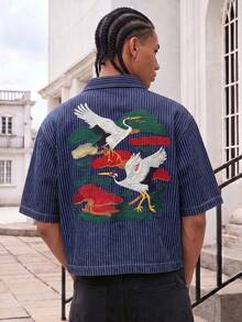 GALLERY FADE 男士街頭風休閒刺繡條紋藍色牛仔短袖襯衫 - 深色水洗藍 - 查看 1