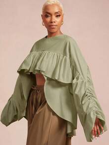 Vixey Solid Color Woven Ruched Front Short-Front Long-Back Ruffle Blouse, Elegant Party Top, Winter/Fall - Green - View 4