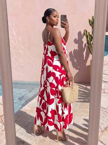 SHEIN Lady CURVE 大尺碼女款全印花休閒日常夏季旅行細肩帶洋裝 - 紅白色 - 查看 2