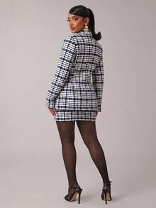 SHEIN SXY Plus Size Fashion Commuter Office Formal Houndstooth Blazer White And Blue Autumn Elegant - Multicolor - View 3