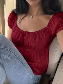 SHEIN EZwear 女款素色百褶休閒百搭日常穿著襯衫 - 紅色 - 查看 5
