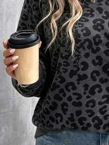 SHEIN LUNE Plus Size Women's Asymmetrical Shoulder Long Sleeve Sweatshirt, Autumn/Winter New Style, Leopard Print, Holiday Date , Outdoor, Photography Streetwear, Must-Wear For Women - Black - View 4