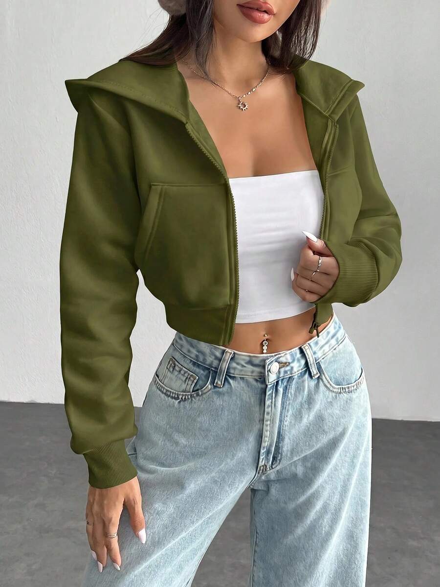 SHEIN PETITE 女款純色前拉鍊長袖口袋上衣 - 軍綠色 - 查看 1
