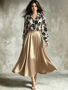 Franclia Elegant Fashion Printed Blouse And Pleated Midi Skirt 2 Pieces Set, Suitable For Layering Or Standalone Wear, Autumn/Winter Two Piece Set Women Skirt - Khaki - View 1