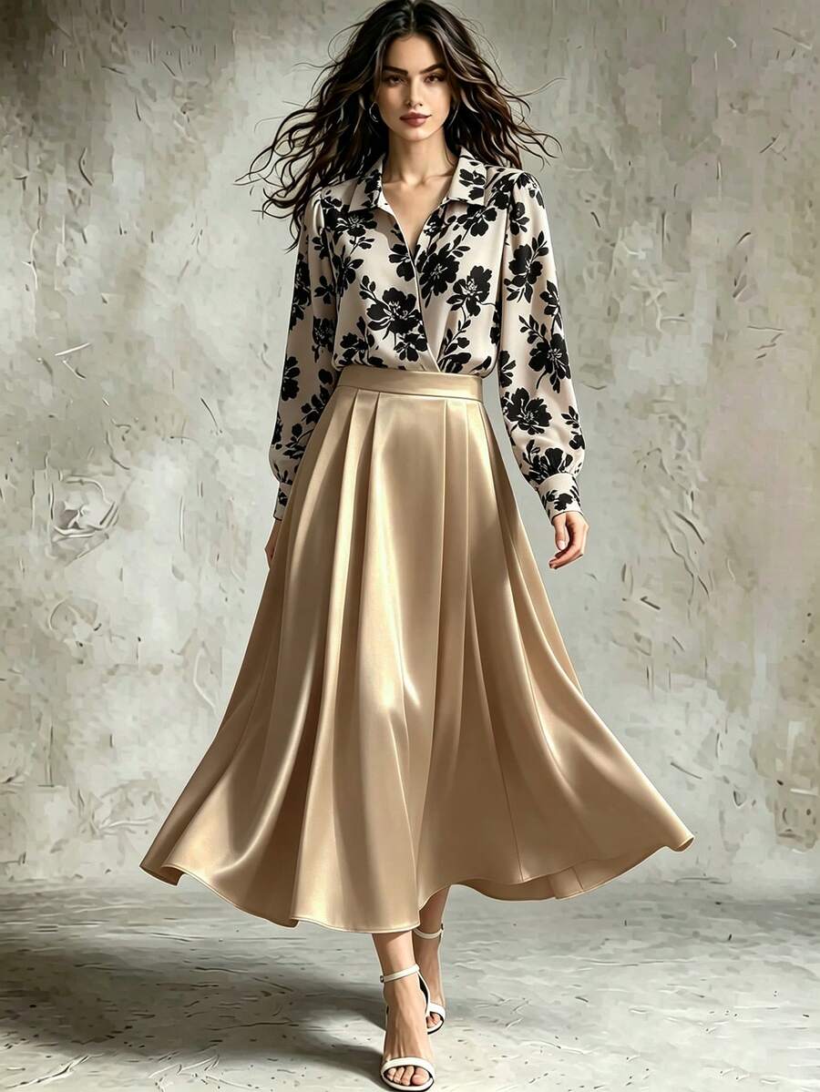 Franclia Elegant Fashion Printed Blouse And Pleated Midi Skirt 2 Pieces Set, Suitable For Layering Or Standalone Wear, Autumn/Winter Two Piece Set Women Skirt - Khaki - View 1