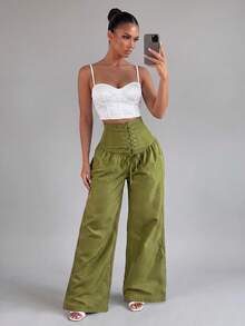 Sirith Women's Solid Color High Waist Eyelet Lace-Up Wide Leg Long Pants - Army Green - View 1