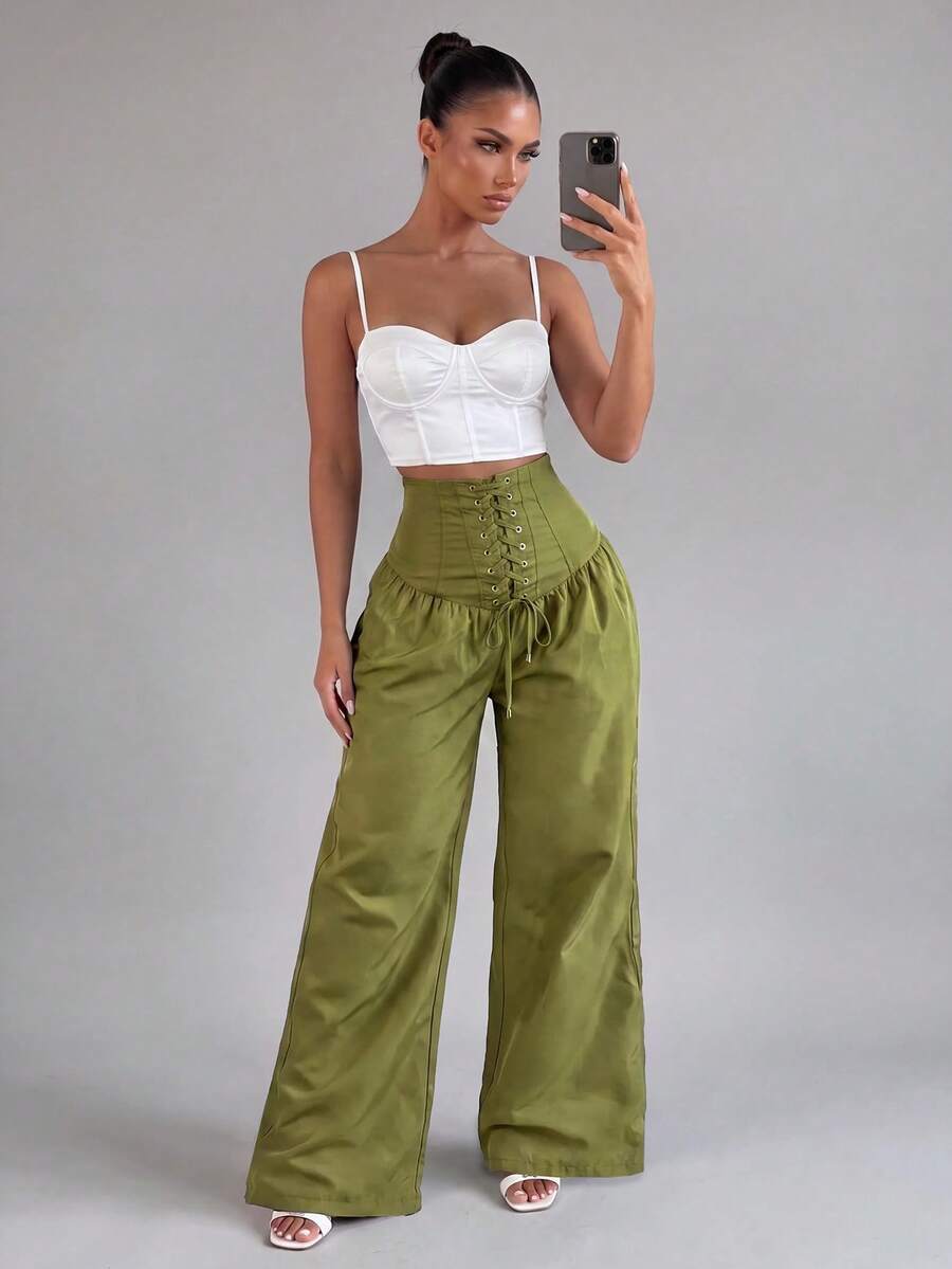 Sirith Women's Solid Color High Waist Eyelet Lace-Up Wide Leg Long Pants - Army Green - View 1