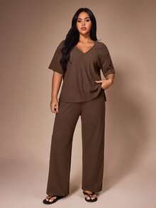Lazeform Conjunto de Pijama Casual Plus Size Feminino Ultra Macio e Fofinho em Cor Sólida para Loungewear - Café - Visão 5