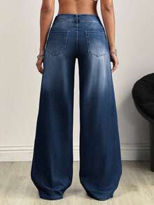 Flexra Plus Size Fashion Mid-Blue Denim Washed Wide Leg Pants - Dark Wash - View 2