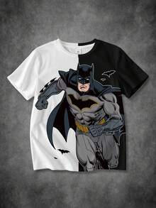 BATMAN X SHEIN Camiseta de manga corta para niño preadolescente con cuello redondo, estampado de dibujos animados, bloques de color, casual y versátil para uso diario y salidas - Blanco - Ver 1