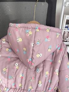SHEIN 女童新款冬季加厚棉襖外套，拉鍊連帽，杏色小碎花印花，保暖內裡，加厚修身收腰，附口袋，簡約休閒百搭外套 - 淡紫色 - 查看 8