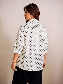 Elaquor Plus Size French Fashion Metal Heart Buckle Polka Dot Print Blouse - White - View 3