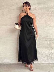 Firerie 大尺碼女款純色對比蕾絲優雅掛脖洋裝 黑色優雅女款婚禮賓客禮服 派對洋裝 - 黑色 - 查看 6