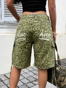 SHEIN ICON Celana Pendek Denim Kasual Wanita Motif Leopard dengan Saku dan Kancing untuk Sehari-hari - MultiWarna - View 2