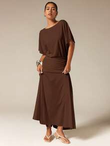 COSMINA Women's Vintage Solid Color Pleated Elegant Mermaid Hem Dress - Brown - View 5