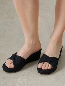 Styleloop Ladies Shoes, Linen Texture, Black, Open-Toed, Wedge Sandals, Retro Style, Suitable For Summer French Casual Vacation Wear - Black - View 6