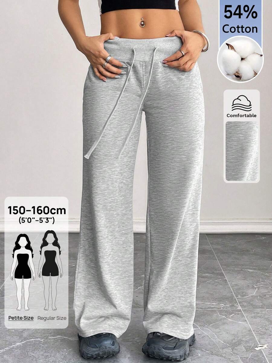 SHEIN PETITE Celana Sweatpants Wanita Rajut Polos Nyaman dan Kasual dengan Pinggang Rendah dan Kaki Lebar, untuk Wanita Bertubuh Mungil