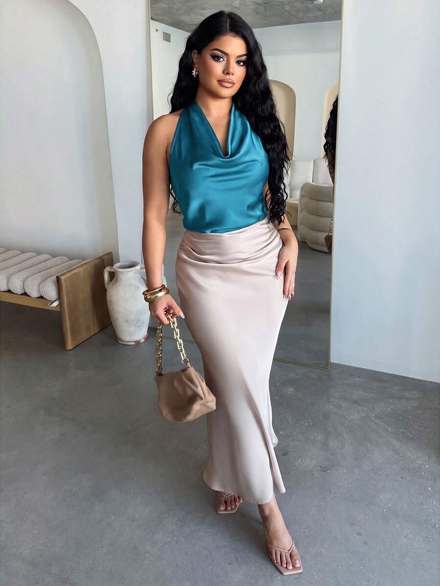 Dayanna Comas Women's Apricot Halter Neckline Tie Detail Minimalist Elegant Blouse Summer - Teal Blue - View 1
