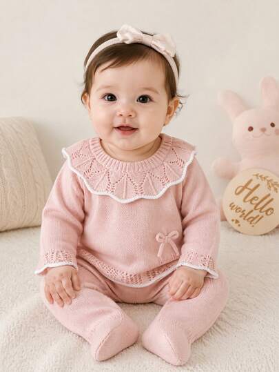 SHEIN Green Baby Sweater 3 PiecesSet, Peter Pan Collar Long Sleeve Top + Leggings + Fashion Hat, Newborn Casual Minimalist Outfit