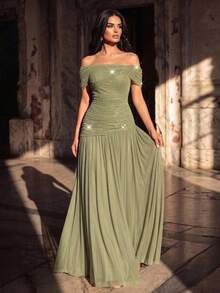 Aureia Elegant Luxurious Beaded Rhinestone Off-Shoulder Elastic Knit Mesh Ruched Full Skirt Evening Dress Suitable For Wedding Events, Bachelorette Party, Vacation, Gathering, Festival, Music Festival, Dinner Party (Heavy Workmanship Style) - Green - View 2