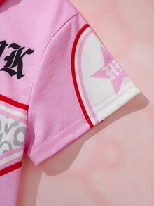 HELLO KITTY AND FRIENDS | SHEIN 1 buah Kaos Anak Perempuan Gaya Sporty yang Menyenangkan, Lengan Pendek Berkerah dengan Motif Kartun Leopard dan Bintang. - MultiWarna - View 5