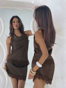 Aloruh Women's Elegant Sexy Commute Vacation Lace Trim Patchwork Satin Dark Brown Solid Color Office Night Out Suit Summer - Coffee Brown - View 7