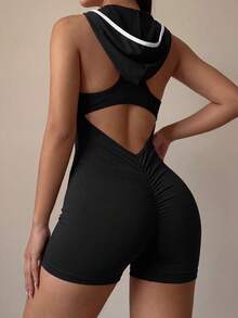 Glamine Charm Backless Hooded Slim Fit Athletic Romper - Black and White - View 7