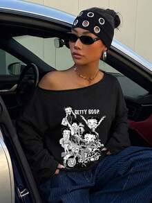 Betty Boop x SHEIN SHEIN EZwear 休閒寬鬆露肩卡通印花加厚衛衣，適合外出、街頭風、時尚、返校、Y2K、派對日常穿搭，秋季 - 黑色 - 查看 4