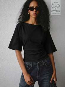 ATUI Studio Women's 100 Cotton Ruched Waist Top – Relaxed Versatile Blouse For Summer Beach Everyday Daytime Vacation T Black Casual Minimalist - Black - View 1