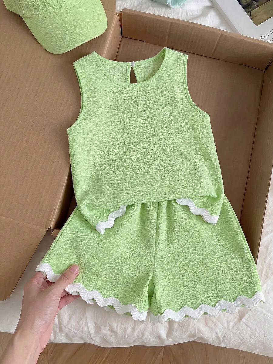 Elladie kids 女童紋理布料拼色下擺無袖上衣與休閒短褲2件套服裝組，女童綠色夏季套裝 - 綠色 - 查看 1