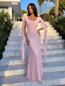 Firerie Women's Elegant Tropical Date Cocktail Casual Vacation Beach Afternoon Tea Light Pink Mesh Off-Shoulder Draped Ruffle Trim Tie-Waist A-Line Dress Summer,Graduation Dress,Wedding Guests - Pink - View 8