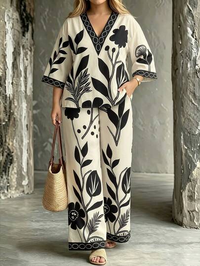 Linhara CURVE Ensemble deux pièces pour femmes grande taille, top ample à col en V, manches mi-longues et imprimé, pantalon long avec poches et imprimé positionné, convient pour les sorties, les vacances, les trajets quotidiens, ensemble confortable pour femmes