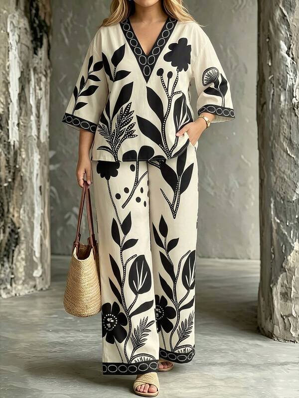 Linhara CURVE Conjunto de dos piezas para mujer talla grande con top suelto de cuello en V, manga media y estampado, y pantalones largos con bolsillos y estampado posicionado, adecuado para salidas, vacaciones, uso diario, cómodo