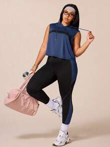 SHEIN Rhythm Era 女款運動瑜伽戶外健身運動套裝，抽繩連帽無袖寬鬆運動衫，胸前弧形拼色設計，緊身運動褲配線條與拼色對比 - 藏蓝色 - 查看 8