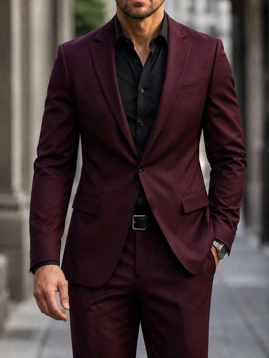 Manfinity Mode Setelan Jas Formal Pria Berkerah Notch dan Celana Panjang Model Single Breasted, Gaya Klasik, untuk Acara Resmi - Burgundy - View 1