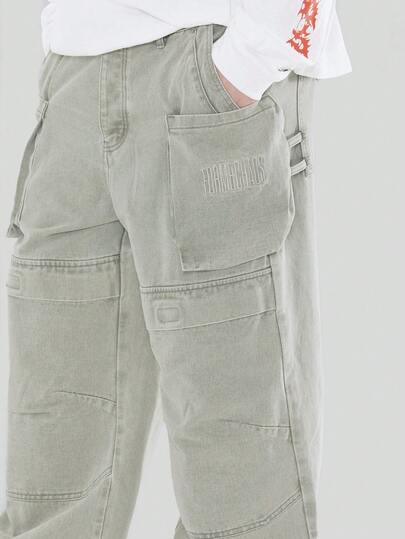 FORM&CHAOS Men's Streetwear Green Embroidered Loose Fit Extra Long Cargo Pocket Jeans