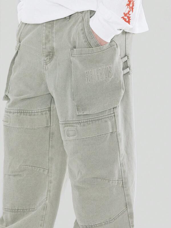 FORM&CHAOS Men's Streetwear Green Embroidered Loose Fit Extra Long Cargo Pocket Jeans