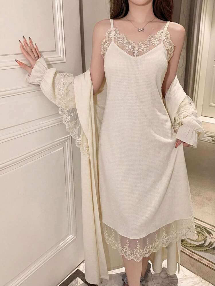 DAZY Women's Lace Patchwork Long Robe & Camisole Nightgown Sleepwear Set, Autumn/Winter Pajamas - Apricot - View 5