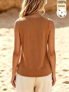 Linhara CURVE Plus Size French V-Neck Trim Sleeveless Tank Top, Loose Fit Innerwear Outerwear Commuter Beach Vacation Brown Summer Boho Casual - Brown - View 2