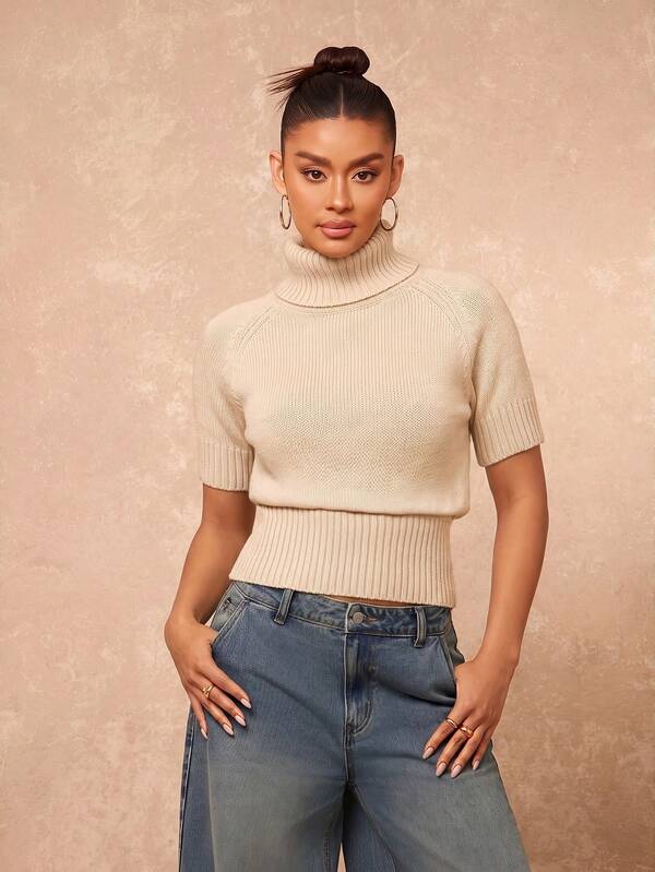 Lumalex Autumn New Beige Metal Button Metal Decor Short Sleeve Fitted Knit Top Dawn-To-Gala Elegant Poised Let Your Beauty Shine Office,Cozy Sweater