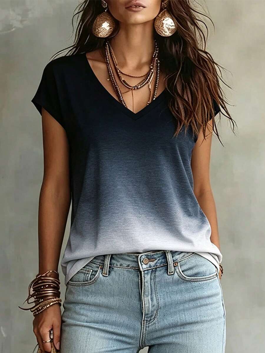 Omancia Camiseta de manga corta con cuello en V y degradado para el verano - Blanco y Negro - Ver 1