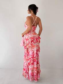 Sirith Women's Cross Strap Cowl Neck Ruffle Vintage Floral Print Cinched Waist Mesh High Elastic Ruffle Vacation Elegant Date Party Pink Dress - Pink - View 2