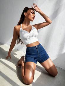 SHEIN ICON 夏季穿搭 高腰紧身牛仔短裤 - 中等水洗藍 - 查看 3